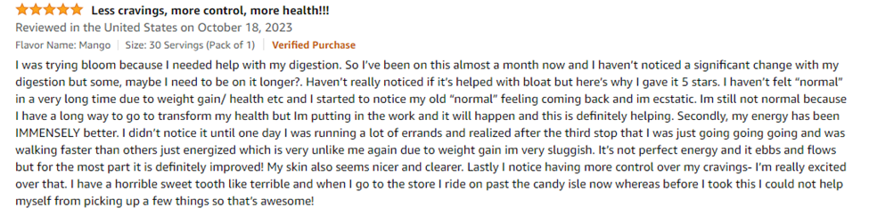 Bloom Nutrition Customer Review 
